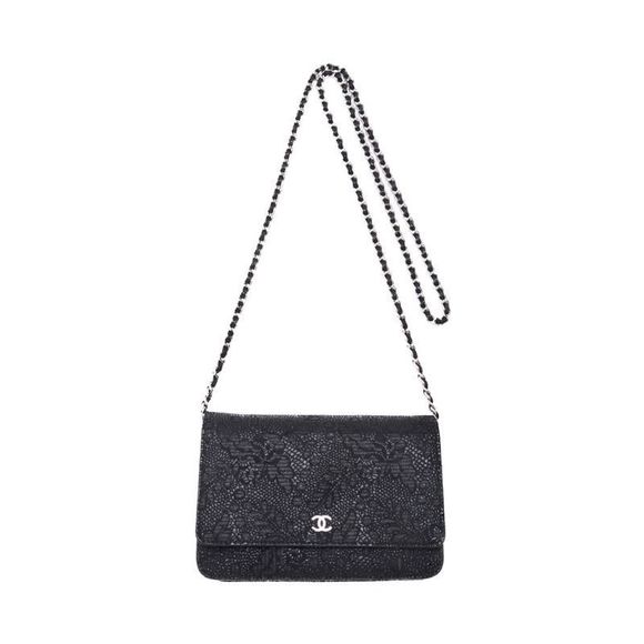 Chanel Floral Pattern Chain Wallet Leather Black - Picture 4 of 6